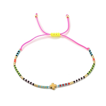 Cross & Glass Seed Braided Bead Bracelet, Adjustable Bracelet, Pearl Pink, no size