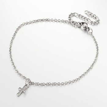 Cross Stainless Steel Anklets, with Lobster Clasps and End Chains, Stainless Steel Color, 230x2mm