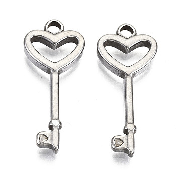 304 Stainless Steel Pendants, Heart Key, Stainless Steel Color, 25x10.5x2.5mm, Hole: 2mm