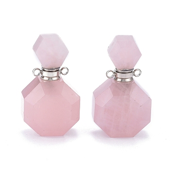Faceted Natural Rose Quartz Openable Perfume Bottle Pendants, with 304 Stainless Steel Findings, Stainless Steel Color, 34~36x20~22x12~13mm, Hole: 1.8mm, Bottle Capacity: 1ml(0.034 fl. oz)