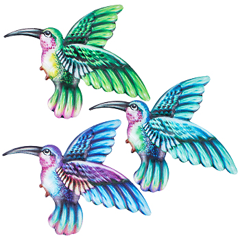 CREATCABIN 3Pcs 3 Colors Iron Hummingbird Hanging Ornaments, for Home Wall Decoration, Mixed Color, 132x160x3mm, Hole: 10x10mm, 1pc/color