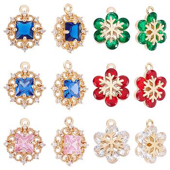 Nbeads 12Pcs 6 Style Rack Plating Brass Pendants, with Rhinestone, Long-Lasting Plated, Cadmium Free & Lead Free, Snowflake, Mixed Color, 2pcs/style