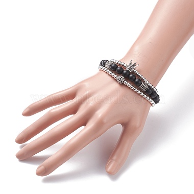 3 pièces 3 style rond synthétique noir pierre et hématite perlé ensemble de bracelets extensibles(BJEW-JB07688-03)-3