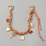 Zinc Alloy & Iron Heart Red Lip Cherry Key Tassel Polyester Rope Bag Decorative Chains, with Heart Clasps, Dark Orange, Light Gold, 287mm(AJEW-SZC0007-13)