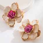 Flower Alloy Enamel Stud Earrings, with Plastic, Golden, Old Lace, 60x60mm(FS-WG5F23F-02)