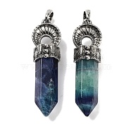 Natural Colorful Fluorite Pointed Big Pendants, Faceted Bullet Charms with Rack Plating Antique Silver Plated Alloy Horn, 61~62x17.5x16mm, Hole: 7x6.5mm(G-Q163-02AS-04)