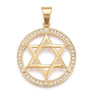 304 Stainless Steel Pendants, with Crystal Rhinestone, Ring with Star of David, Golden, 44.5x39x4mm, Hole: 8x11mm(STAS-K214-05G)
