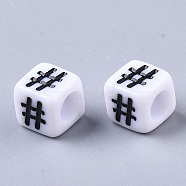 Opaque Acrylic European Beads, Large Hole Beads, Cube with Mark #, White, 6x6x6mm, Hole: 4mm, about 3000pcs/500g(SACR-S298B-A)