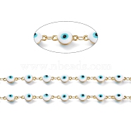3.28 Feet Handmade Enamel Link Chains, with 304 Stainless Steel Findings, Soldered, Flat Round with Eye, Golden, Cyan, Flat Round Link: about 11x6.1x4.2mm(X-STAS-I154-02G)