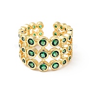 Micro Pave Green Cubic Zirconia Cuff Rings, Rack Plating 3 Line Brass Open Rings for Women, Long-Lasting Plated, Cadmium Free & Lead Free, Real 18K Gold Plated, US Size 7(18mm)(X-RJEW-G262-02G)