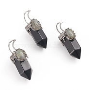 Natural Black Agate Pointed Big Pendants, with Gunmetal Tone Brass Pendant Bails and Natural Labradorite, Bullet, 52~54x20x22~23mm, Hole: 8x5mm(G-I275-01A)