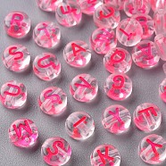 Transparent Clear Acrylic Beads, Horizontal Hole, Flat Round with Random Letter, Deep Pink, 7x4mm, Hole: 1.6mm, about 3700pcs/500g(MACR-N008-44C)