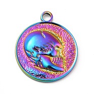 Ion Plating(IP) 201 Stainless Steel Pendants, Flat Round with Skull, Rainbow Color, 23.5x20x3mm, Hole: 2.5mm(STAS-H172-07M)