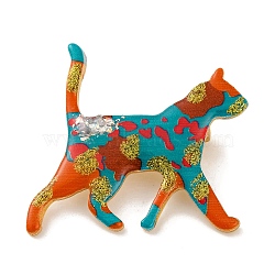 Golden Tone Alloy Enamel Glitter Cat Brooch for Women, Turquoise, 41x36x2mm(JEWB-M043-16A-G)