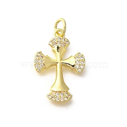 Brass Micro Pave Clear Cubic Zirconia Pendants, Cross Charms, with Jump Ring, Real 18K Gold Plated, 20.5x14x2mm, Hole: 3mm(KK-M297-11G)