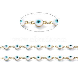 3.28 Feet Handmade Enamel Link Chains, with 304 Stainless Steel Findings, Soldered, Flat Round with Eye, Golden, Cyan, Flat Round Link: about 11x6.1x4.2mm(X-STAS-I154-02G)