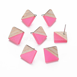 Transparent Resin & Wood Stud Earrings, with 304 Stainless Steel Pin, Rhombus, Hot Pink, 17x18mm, Pin: 0.7mm(EJEW-N017-005A-A06)
