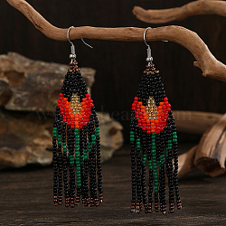 Bohemian Style Floral Glass Bead Tassel Dangle Earrings for Women, Platinum, Red, 85x23mm(AQ3519-1)