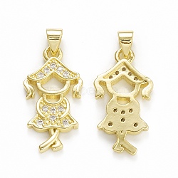 Rack Plating Brass Micro Pave Cubic Zirconia Pendants, Cadmium Free & Lead Free, Long-Lasting Plated, Girl Charm, Real 18K Gold Plated, 25x13x2.5mm, Hole: 4x3.5mm(KK-C011-45G)
