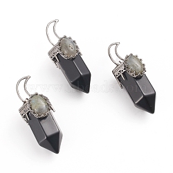 Natural Dyed & Heated Black Agate Pointed Big Pendants, with Gunmetal Tone Brass Pendant Bails and Natural Labradorite, Bullet, 52~54x20x22~23mm, Hole: 8x5mm(G-I275-01A)