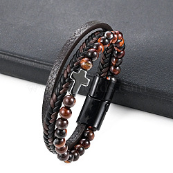 Leather Cord Multi-starand Bracelet, Cross Link Bracelet with Tiger Eye Beads, 8-1/4 inch(21cm)(PW-WG46246-01)