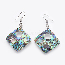 Abalone Shell/Paua Shell Dangle Earrings, with Brass Findings, Rhombus, Platinum, 55mm, Pin: 0.7mm(EJEW-F147-C11)