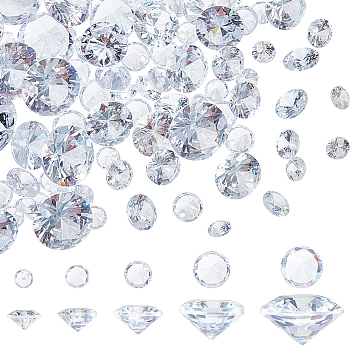 Elite 150Pcs 5 Style Cubic Zirconia Pointed Back Charms, Faceted, Flat Round Charm, Clear, 4~10mm, Hole: 1mm, 30pcs/style