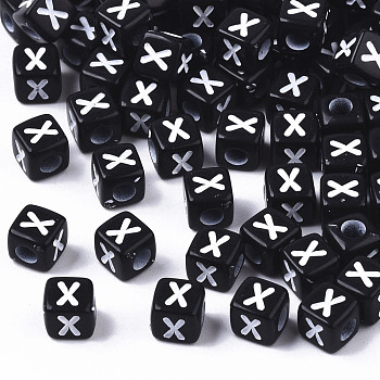 Opaque Acrylic Beads, Horizontal Hole, Alphabet Style, Cube, Black & White, Letter.X, 5x5x5mm, Hole: 2mm, about 500pcs/50g