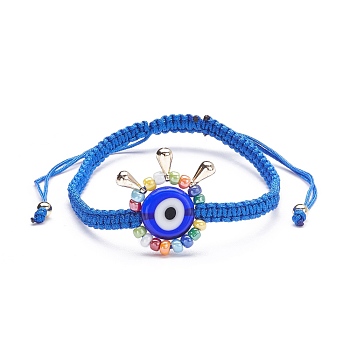 Big Evil Eye Braided Bead Bracelet, Adjustable Lampwork Beads Bracelet for Teen Girl Women, Golden, Blue, Inner Diameter: 2-1/4~4 inch(5.7~10.4cm)