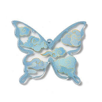 Printed Acrylic Pendants, Butterfly, Light Blue, 34x39.4x2.5mm, Hole: 1.6mm