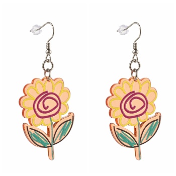 Sunflower Transparent Acrylic Dangle Earrings, with 316 Surgical Stainless Steel Earring Hooks, Yellow, 65mm, Pin: 0.7mm