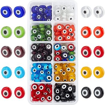 Handmade Evil Eye Lampwork Bead, Flat Round, Mixed Color, 10x4mm, Hole: 1mm
