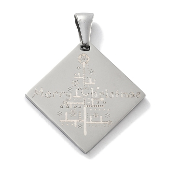 Christmas 304 Stainless Steel Pendants, Rhombus with Word Merry Christmas & Tree Charm, Stainless Steel Color, 33x34x2mm, Hole: 7x3.5mm