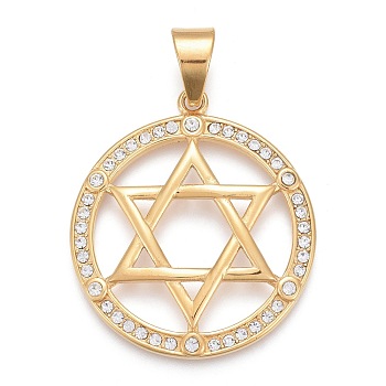 304 Stainless Steel Pendants, with Crystal Rhinestone, Ring with Star of David, Golden, 44.5x39x4mm, Hole: 8x11mm
