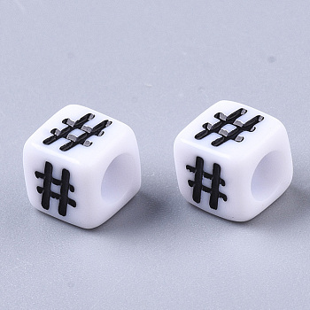 Opaque Acrylic European Beads, Large Hole Beads, Cube with Mark #, White, 6x6x6mm, Hole: 4mm, about 3000pcs/500g