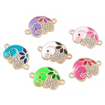 Alloy Crystal Rhinestone Connector Charms, with Enamel, Elephant Links, Light Gold, Mixed Color, 14.5x23x3mm, Hole: 1.6mm