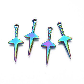 Ion Plating(IP) 304 Stainless Steel Pendants, Sword, Rainbow Color, 40x14.5x3mm, Hole: 2.5mm