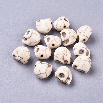 Synthetic Magnesite Beads, Halloween, Skull, Dyed, Floral White, 12x10mm, Hole: 1mm