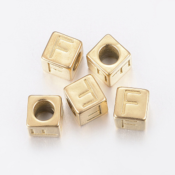 304 Stainless Steel Large Hole Letter European Beads, Horizontal Hole, Cube with Letter.F, Golden, 8x8x8mm, Hole: 5mm