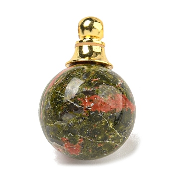 Natural Unakite Perfume Bottle Pendants, with 304 Stainless Steel Findings, Round, 25x16mm, Hole: 2mm