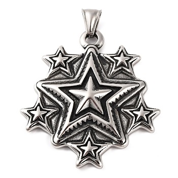 316 Surgical Stainless Steel Big Pendants, Star Charm, Antique Silver, 46.5x50.5x6.5mm, Hole: 8.5x4mm