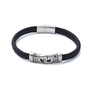 Men's Braided Black PU Leather Cord Bracelets, Knot 304 Stainless Steel Link Bracelets with Magnetic Clasps, Antique Silver, 8-1/4x3/8 inch(21.1x1.1cm)