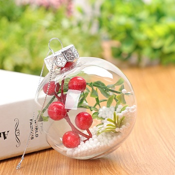 Transparent Plastic Fillable Ball Pendants Decorations, with Red Fruit inside, Christmas Tree Hanging Ornament, Clear, 80mm