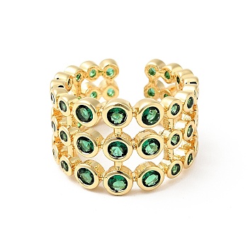 Micro Pave Green Cubic Zirconia Cuff Rings, Rack Plating 3 Line Brass Open Rings for Women, Long-Lasting Plated, Cadmium Free & Lead Free, Real 18K Gold Plated, US Size 7(18mm)