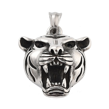 Retro 304 Stainless Steel Pendants, Antique Silver, Tiger, 38x33.5x20mm, Hole: 5x8.5mm