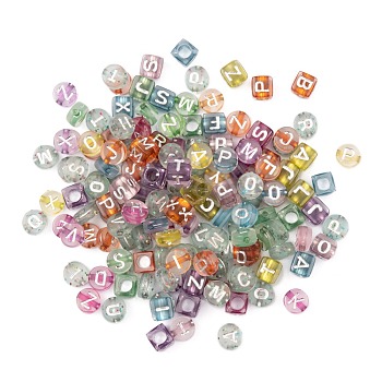 407Pcs 3 Style Transparent Acrylic Beads, with Glitter Powder, Metal Enlaced, Horizontal Hole, Mixed Shapes with Letter, Mixed Color, 6x6x6mm, Hole: 3mm, 20g, about 123pcs