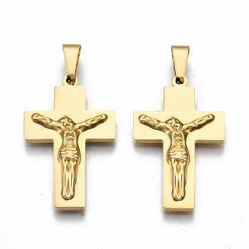 201 Stainless Steel Pendants, Crucifix Cross, for Easter, Real 18K Gold Plated, 31x19.5x4mm, Hole: 4x8mm