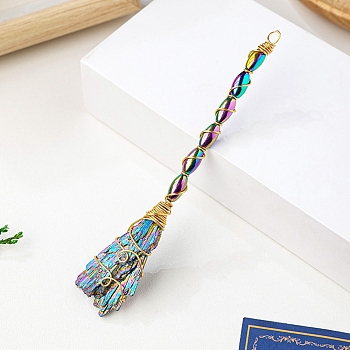 Halloween Witch Broom Ornament, Electroplated Natural Tourmaline Quartz Broom, Healing Stone Broom Wand, Colorful, 120~140mm