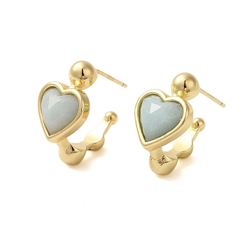 Natural Flower Amazonite Heart Stud Earrings, with Ion Plating(IP) Golden Plated Brass Findings, 925 Sterling Silver Pin, 20.5x12mm