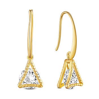 SHEGRACE Brass Dangle Earrings, with Grade AAA Cubic Zirconia, Triangle, Golden, 33.8mm